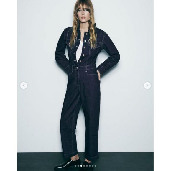 Dark Jean Denim Zara Button Front Chest Pockets Long Sleeve Pants Jumpsuit (NWT) - Picture 2 of 9